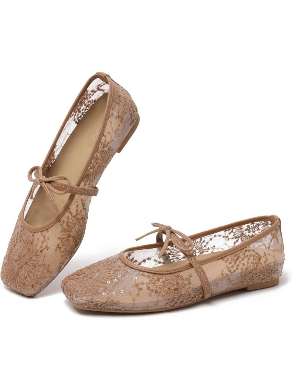 Women's Lace Taupe Square Toe Strap Ballet Flats Lace Up Bow Comfortable Shoes